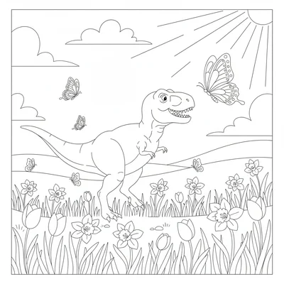 A T-Rex in a spring meadow chasing butterflies, one tiny arm reaching toward a… coloring page