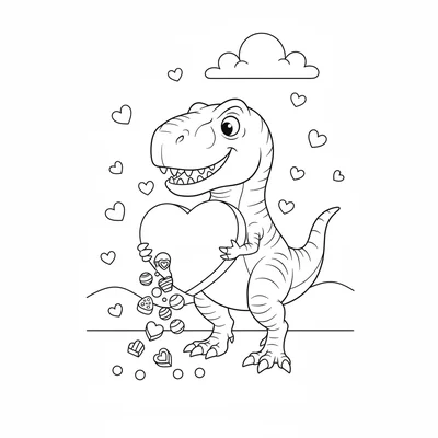 A T-Rex trying to hold a Valentine heart-shaped box of chocolates in its tiny a… coloring page