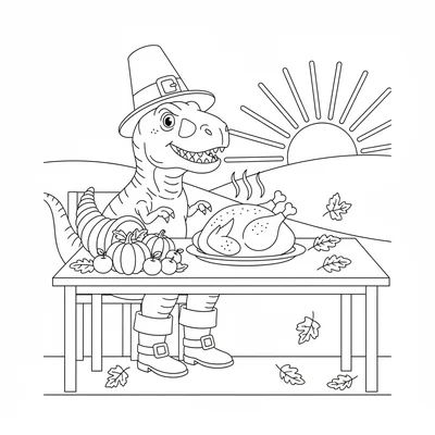 A T-Rex wearing a pilgrim hat and buckle-shoe boots, sittin… coloring page