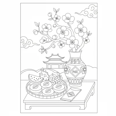 A Tet Vietnamese New Year scene with a simple peach blossom tree branch coloring page