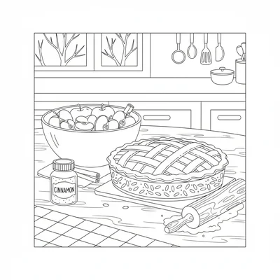 A Thanksgiving apple pie making scene with a kitchen table, an unbaked pie coloring page