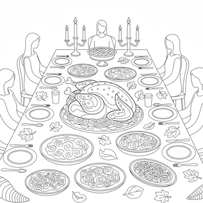 A Thanksgiving feast table scene viewed from one end of the table with a roast coloring page