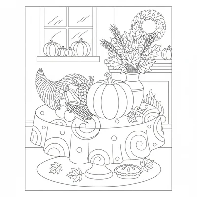 A Thanksgiving harvest table with a large round pumpkin as a centerpiece coloring page