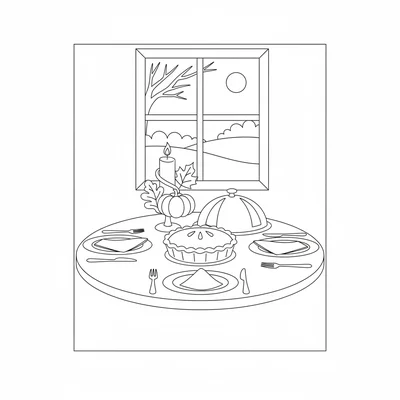 A simple Thanksgiving table setting scene with a round pie, a covered serving coloring page