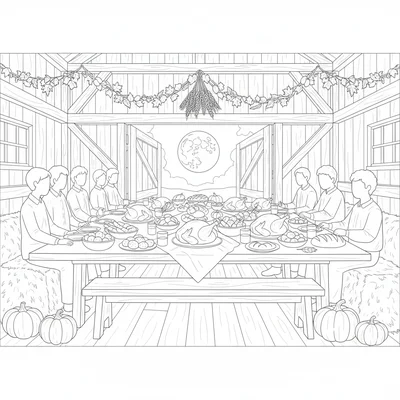 A traditional English harvest supper scene in a barn coloring page