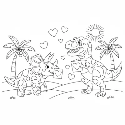 A Triceratops and T-Rex exchanging Valentine cards, Tricera… coloring page