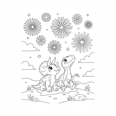 A Triceratops and Velociraptor watching fireworks together from a hilltop, star… coloring page