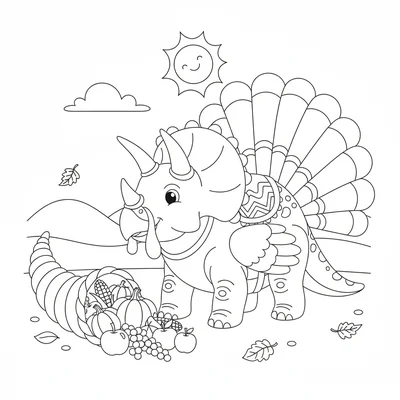 A Triceratops dressed as a turkey for Thanksgiving, feather fan shapes attached… coloring page