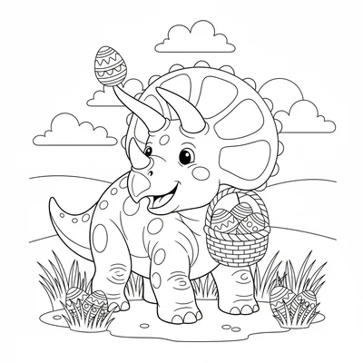 A Triceratops hosting an Easter egg hunt, one egg balanced on each horn tip, se… coloring page