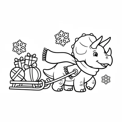 A Triceratops pulling a simple sled loaded with large round presents, a scarf a… coloring page
