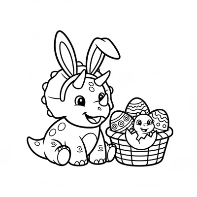 A Triceratops wearing bunny ears headband, sitting beside a large decorated Eas… coloring page