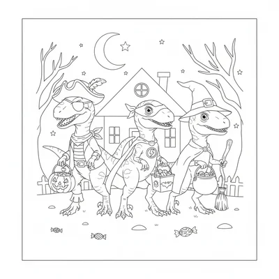 A trio of Velociraptors trick-or-treating in costumes, one as a pirate with hat… coloring page