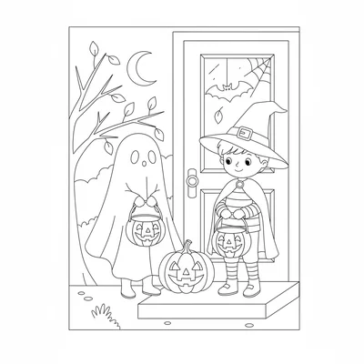 Two children in costumes, one in a ghost sheet and one in a witch hat, holding coloring page
