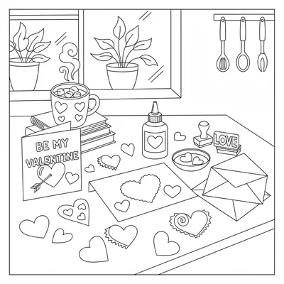 A Valentine's Day card-making scene at a kitchen table with cut paper hearts coloring page