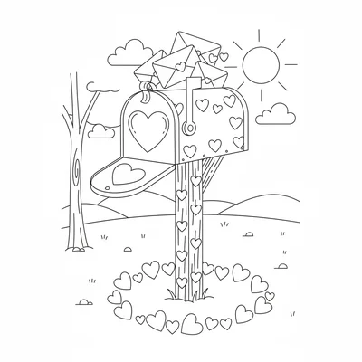 A Valentine's Day red mailbox on a post with a heart-shaped opening slot coloring page