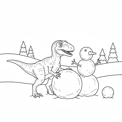 A Velociraptor building a snowdino, rolling a large snowball with its claws, a… coloring page