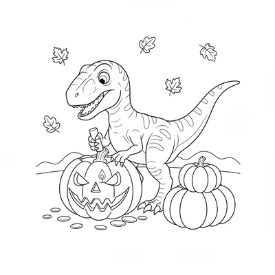 A Velociraptor carving a pumpkin with its sharp claws, pumpkin seeds scattered… coloring page