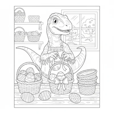 A Velociraptor filling Easter baskets at a workshop table, one claw holding a r… coloring page