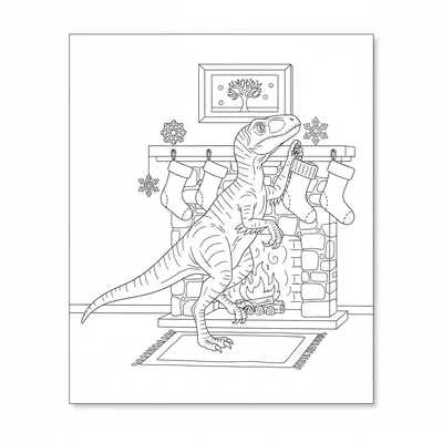 A Velociraptor hanging stockings on a mantelpiece with its… coloring page