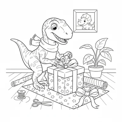 A Velociraptor wrapping a gift with its claws, tape dispenser held in one foot,… coloring page