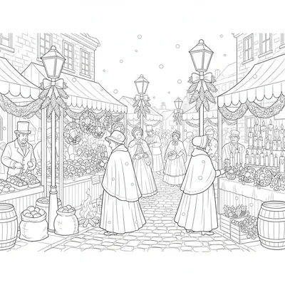 A Victorian Christmas street market with stalls selling roast chestnuts coloring page