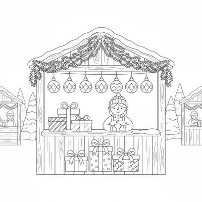 A winter Christmas market stall scene with a wooden stall front decorated coloring page