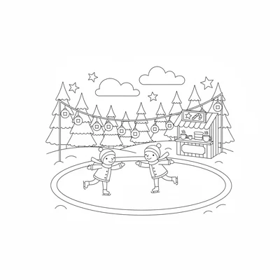 A winter Christmas village ice skating pond scene with a simple oval frozen coloring page