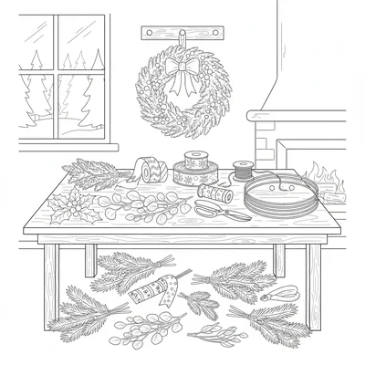 A winter Christmas wreath making station with a table covered in greenery coloring page