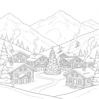 A winter ski holiday village scene with a cluster of wooden chalet buildings coloring page