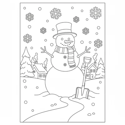 A winter snow day scene with a completed snowman in the center, a carrot nose coloring page