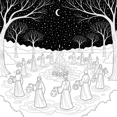 A winter solstice lantern festival night scene with simple coloring page
