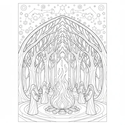 A winter solstice ritual bonfire scene in a forest clearing with a large coloring page