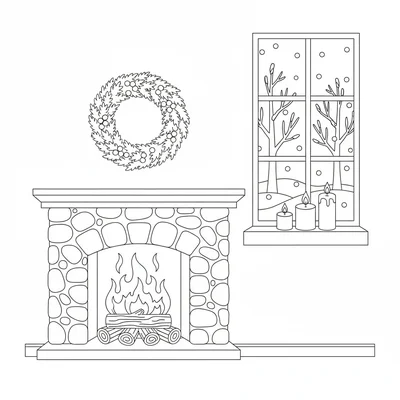 A winter solstice scene with a simple Yule log burning in a fireplace, a simple coloring page