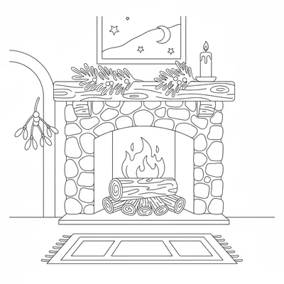 A winter solstice yule log fire scene with a large log burning in a stone coloring page