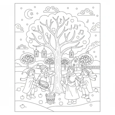 A winter wassailing scene in an apple orchard with a group of simple figures coloring page