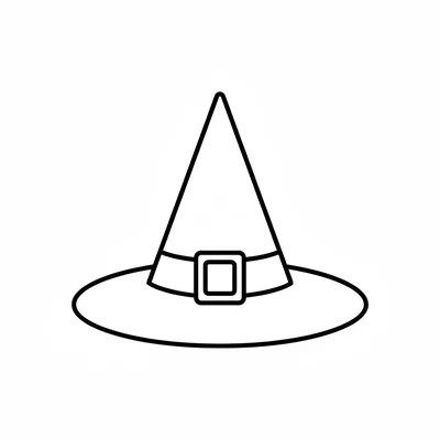 A simple witch hat shape with a tall pointed crown, a wide flat brim coloring page