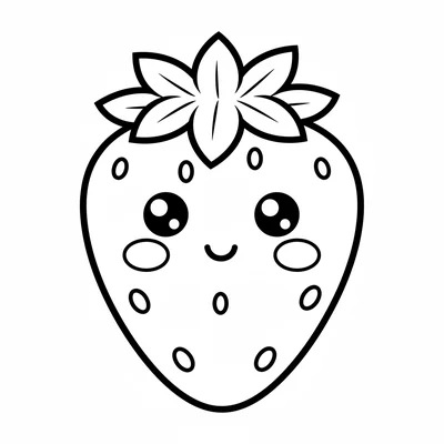 A blushing kawaii strawberry with two large round eyes, a tiny curved smile coloring page