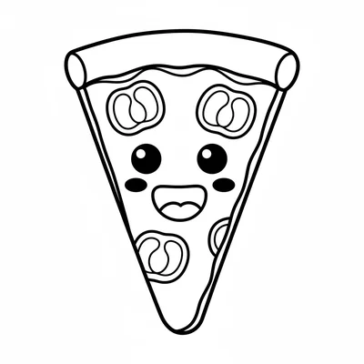 A cheerful kawaii pizza slice with a big happy face on its surface, two large coloring page
