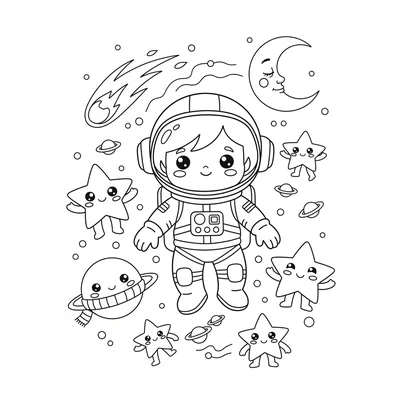 A chibi astronaut floating in a cute outer space scene surrounded by smiling coloring page