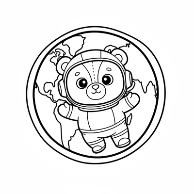 A chibi bear astronaut floating in zero gravity inside a space capsule window coloring page