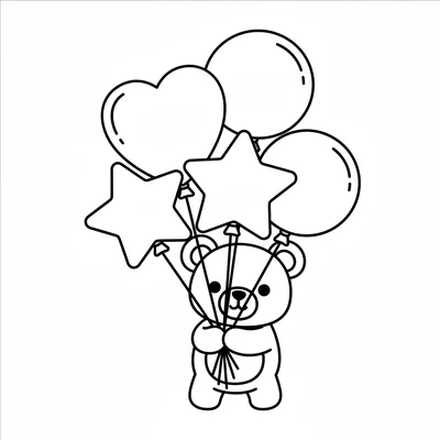 A chibi bear character holding an oversized balloon bouquet in multiple shapes coloring page