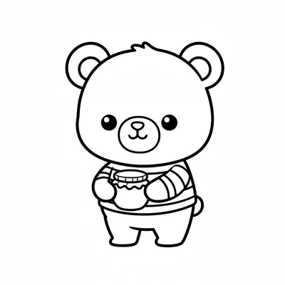 A chibi bear cub character holding a tiny honey jar, chubby round ears, simple coloring page