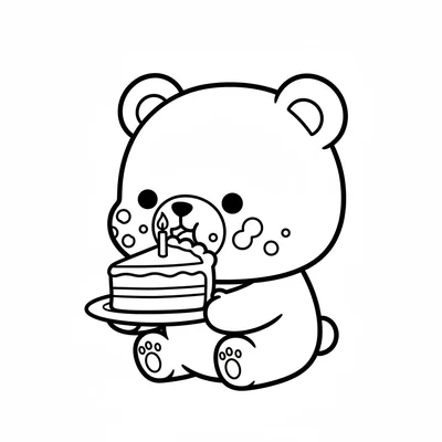 A chibi bear eating a big slice of cake, its round oversized head leaning coloring page