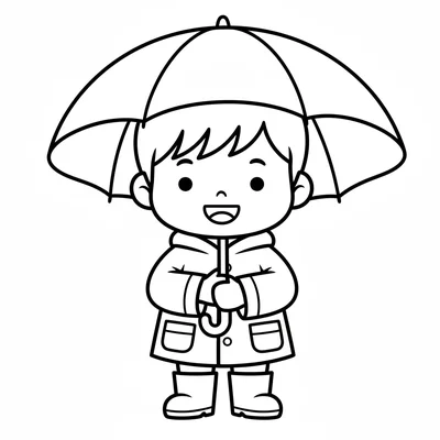 A chibi boy in a raincoat and matching boots holding a big round umbrella that coloring page