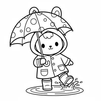 A chibi bunny character dressed in a raincoat with rain boots, holding a large coloring page