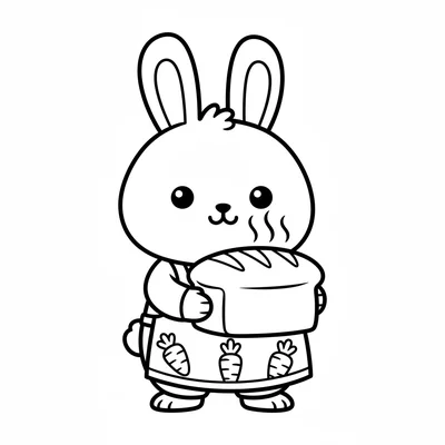 A chibi bunny character holding a freshly baked loaf of bread with steam wisps coloring page
