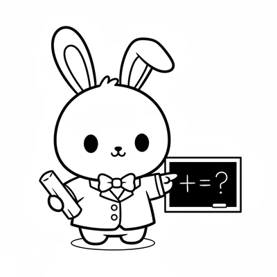 A chibi bunny in a tiny teacher's outfit pointing at a small blackboard coloring page