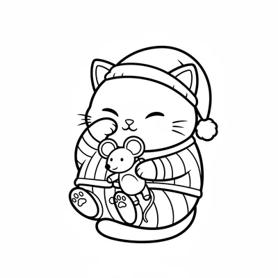 A chibi cat character dressed in pajamas with a sleeping cap, carrying coloring page