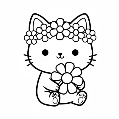 A chibi cat character in a flower crown holding a single daisy, 3:1 coloring page