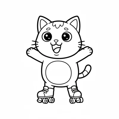 A chibi cat character on roller skates, arms out for balance, mouth open coloring page